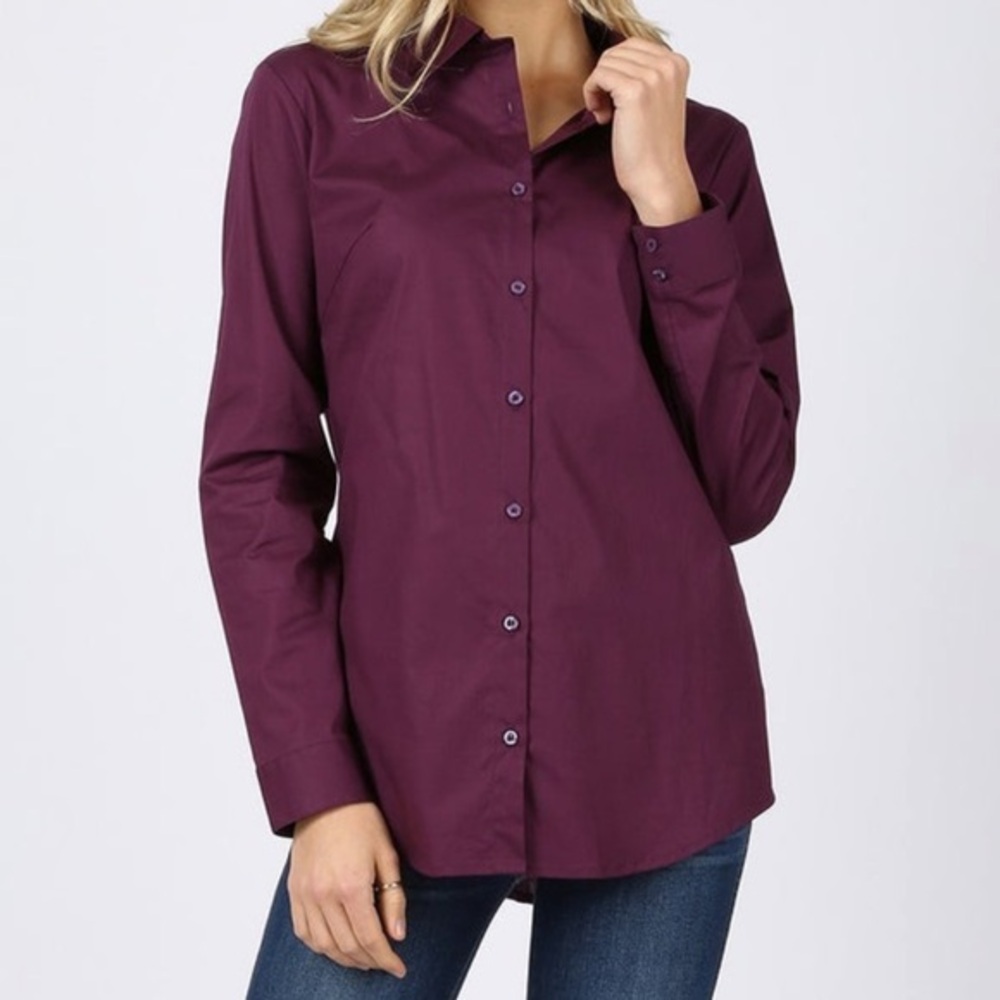 Zenana Long Sleeved Button Down, Plum